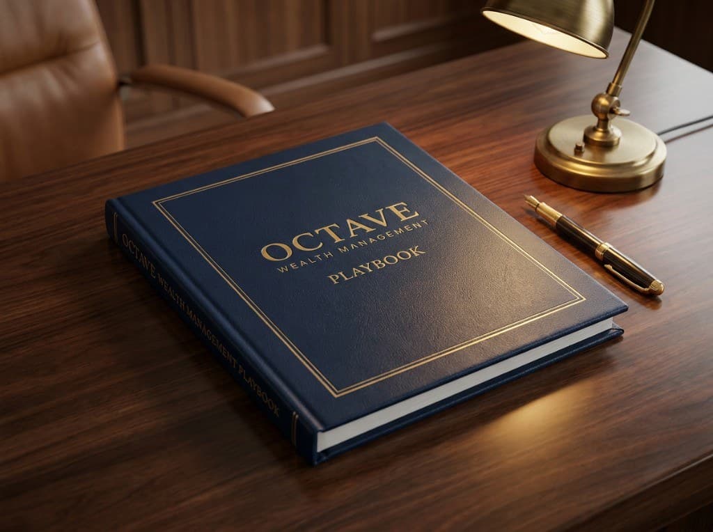 The Octave Wealth Management Playbook — a navy leather binder with embossed gold lettering, on a walnut desk lit by a brass desk lamp